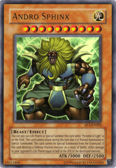 The Andro Sphinx [EP1-EN002] Ultra Rare Yu-Gi-Oh! trading card showcases a powerful, muscular, lion-headed beast, depicted with arms raised and glowing eyes. This card boasts 3000 attack and 2500 defense points, features orange borders, a light attribute symbol, star level indicators, and detailed Special Summon effects.