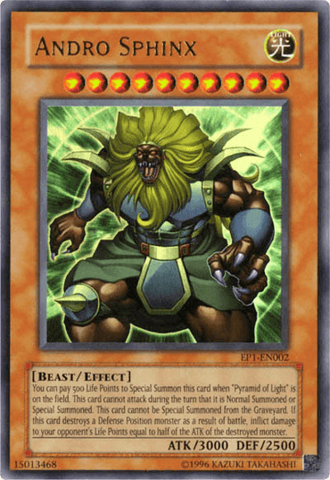 The Andro Sphinx [EP1-EN002] Ultra Rare Yu-Gi-Oh! trading card showcases a powerful, muscular, lion-headed beast, depicted with arms raised and glowing eyes. This card boasts 3000 attack and 2500 defense points, features orange borders, a light attribute symbol, star level indicators, and detailed Special Summon effects.