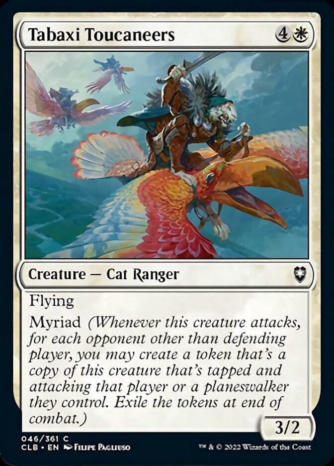 The Tabaxi Toucaneers [Commander Legends: Battle for Baldur's Gate] card from Magic: The Gathering features a Cat Ranger on a vibrant, large flying bird. The card text describes the creature's abilities, including flying and Myriad. Its power and toughness are shown as 3/2 in the bottom right corner.