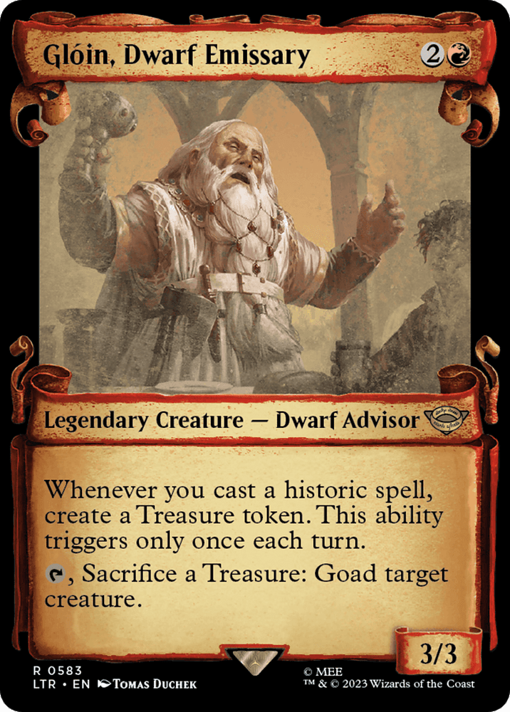 A Magic: The Gathering trading card depicting "Gloin, Dwarf Emissary [The Lord of the Rings: Tales of Middle-Earth Showcase Scrolls]" from Magic: The Gathering. The artwork features an elderly dwarf with a white beard and robes standing in a rocky environment. This legendary creature, akin to those in The Lord of the Rings, has abilities related to creating Treasure tokens and goading target creatures. The card's stats are 3/3.