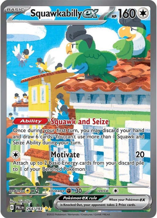 A Special Illustration Rare Pokémon card featuring Squawkabilly ex (264/193) [Scarlet & Violet: Paldea Evolved]. This Colorless card shows a green parrot with a pompadour hairstyle, perched on a street sign in the vibrant town of Scarlet & Violet Paldea Evolved. With 160 HP and abilities "Squawk and Seize" and "Motivate," essential stats are listed at the bottom.