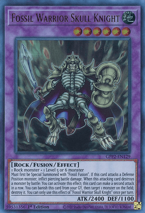 A Yu-Gi-Oh! trading card titled "Fossil Warrior Skull Knight [GFP2-EN129] Ultra Rare" from the Ghosts From the Past set. This Ultra Rare card features a skeletal warrior clad in tattered armor, wielding a large spiked club. It's Rock, Fusion, and Effect type with 2400 attack and 1100 defense, set against a dark, mystical aura.