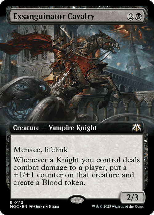 A dark, armored Vampire Knight rides a menacing, black horse with red eyes, wielding a blood-stained sword. The backdrop reveals a gloomy, gothic castle under a stormy sky. Named "Exsanguinator Cavalry (Extended Art) [March of the Machine Commander]," this **Magic: The Gathering** card boasts Menace and Lifelink, along with additional combat effects linked to Blood tokens and Knights.