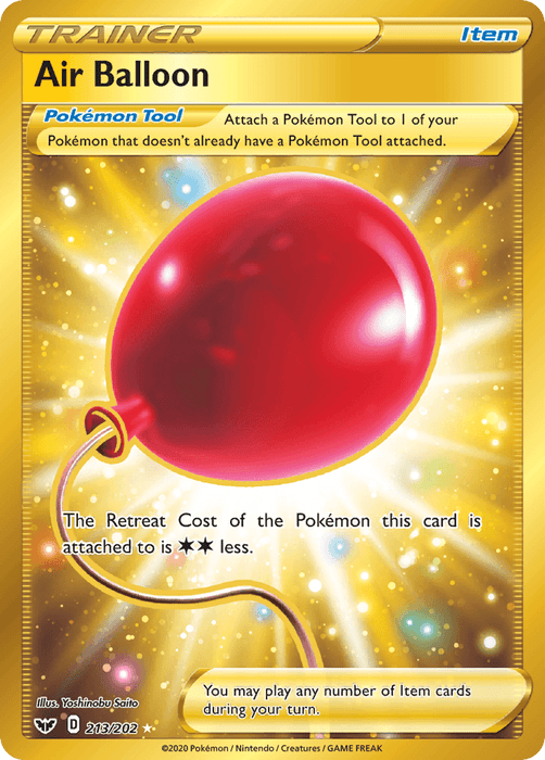 A Pokémon Trainer card titled "Air Balloon (213/202) [Sword & Shield: Base Set]" from the Pokémon series features a red balloon floating against a golden background with colorful light orbs. This Secret Rare card states that when attached to a Pokémon, the retreat cost of that Pokémon decreases by two units. The card's number is 213/202.