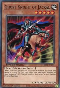 The "Yu-Gi-Oh!" trading card titled "Ghost Knight of Jackal [SBCB-EN051] Common" from the Battle City Box features an armored knight with a blue cape, wielding a sword and mounted on a flaming horse. This Effect Monster card has six orange stars indicating its level, and displays Special Summon attributes and effects text at the bottom.