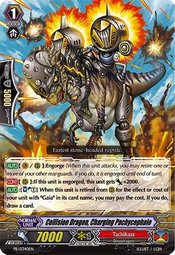 A Promo Rare card depicting Collision Dragon, Charging Pachycephalo (PR/0340EN) [Promo Cards] from Bushiroad. The dinosaur-like creature has mechanical armor and weapons, with a rider controlling it. The background shows an explosive, chaotic scene. The card text outlines its abilities within the Dragon Empire, boasting a power of 7000 and critical value of 1.