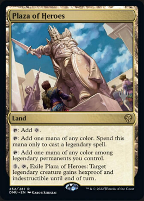 A Magic: The Gathering card titled "Plaza of Heroes (Promo Pack) [Dominaria United Promos]" from the Dominaria United Promos. The image depicts a majestic statue of a robed, armored figure holding a sword and shield, standing on a pedestal. The card text provides various mana abilities and a special ability to target a legendary creature or cast legendary spells.