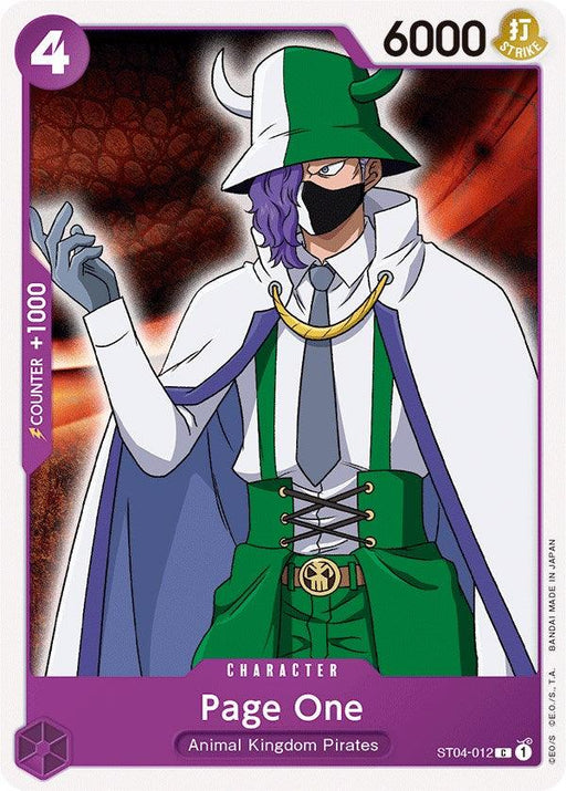 A Bandai Page One [Starter Deck: Animal Kingdom Pirates] featuring "Page One" of the Animal Kingdom Pirates. Page One is depicted wearing a green hat with a fang emblem, a green vest, and matching pants. He has a white cape, a white shirt, and a mask covering his mouth. The card type shows a power level of 6000 and "Counter + 1000.