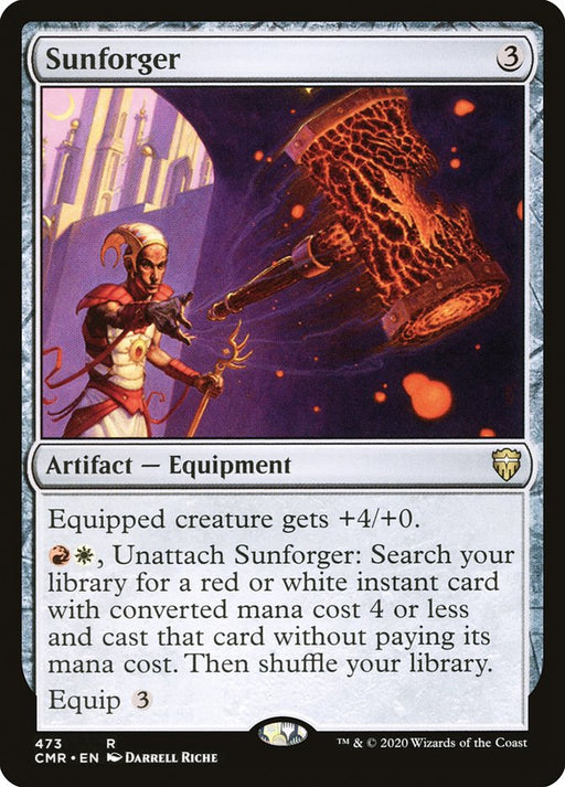 The image depicts the Magic: The Gathering card "Sunforger [Commander Legends]." This card features a white-robed figure wielding a glowing, fiery weapon above their head. As an artifact equipment, its text details the equip cost, bonus, and ability to search and cast red or white instant cards.