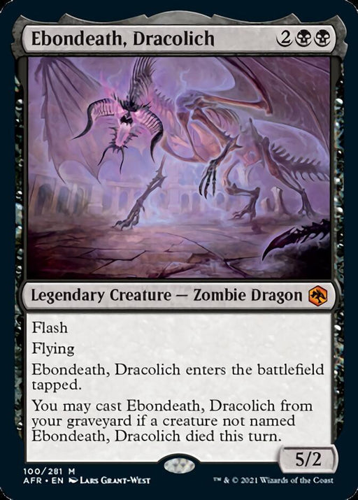 A Mythic Magic: The Gathering card named "Ebondeath, Dracolich [Dungeons & Dragons: Adventures in the Forgotten Realms]" illustrates a skeletal dragon in a dark, misty cavern. This Legendary Creature - Zombie Dragon boasts a mana cost of 2 black and 2 generic, with 5/2 power and toughness, featuring flash and flying abilities.
