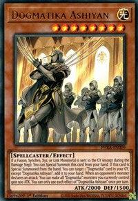 A Yu-Gi-Oh! card titled "Dogmatika Ashiyan [PHRA-EN009] Ultra Rare." The image shows a robed figure with a staff, leading a contingent of similarly dressed characters in a cathedral-like setting, golden light streaming from above. This Ultra Rare Effect Monster from the Phantom Rage set has orange borders and offers details like ATK 2000 and DEF 1500.