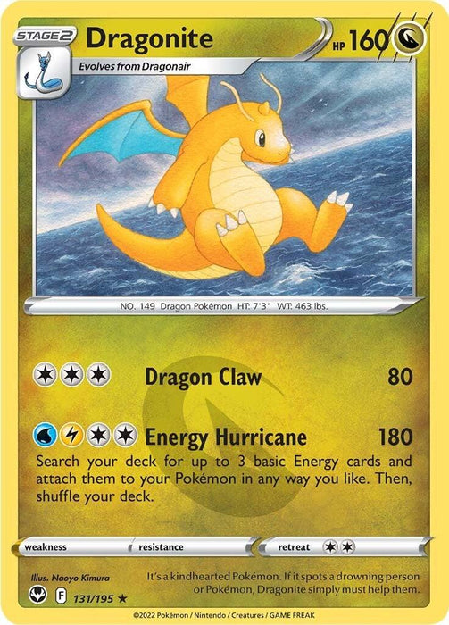 A Pokémon trading card from the Sword & Shield series depicts Dragonite, a yellow dragon with wings. The card is yellow with "Dragonite" at the top, followed by "HP 160." Dragonite's moves are "Dragon Claw" and "Energy Hurricane." The bottom has the illustrator's name and card details, number **131/195.** This specific product is known as **Dragonite (131/195) [Sword & Shield: Silver Tempest]** from **Pokémon.**