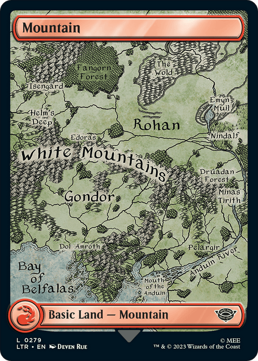 A Magic: The Gathering card from the *The Lord of the Rings: Tales of Middle-earth* series, showcasing an illustrated map of fictional lands like Rohan, Gondor, and the White Mountains. The black-bordered card has an orange frame reading "Mountain," with text at the bottom indicating "Basic Land - Mountain.
