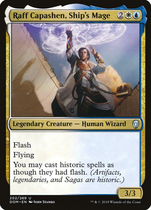 The image shows a Magic: The Gathering card named "Raff Capashen, Ship's Mage [Dominaria]." It depicts a Legendary Creature, a Human Wizard casting a spell with swirling magical energy above their raised hand. The card's mana cost is 2, white, and blue. It has abilities including flash, flying, and allowing historic spells to have flash.