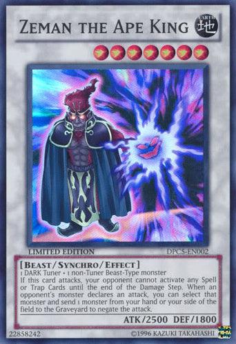 A Yu-Gi-Oh! trading card featuring "Zeman the Ape King [DPC5-EN002] Super Rare." The card, a Super Rare Synchro/Effect Monster, has 7 red stars indicating its level, with an ATK of 2500 and DEF of 1800. The character depicted is a humanoid ape in a red and purple robe with glowing blue hands. It's labeled as limited edition.
