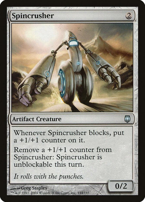 The image depicts a Magic: The Gathering card named Spincrusher [Darksteel]. It shows a Darksteel artifact creature with a mana cost of 2, featuring a futuristic robot on two wheels. The text box details its abilities: it gains a +1/+1 counter when blocking and can become unblockable for one turn by removing a counter. The card has a power/toughness of 0/2.