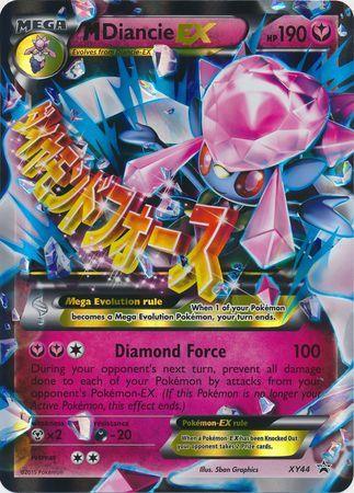 The image shows a M Diancie EX (XY44) (Jumbo Card) [XY: Black Star Promos] Pokémon trading card from the Black Star Promos series. The card is vibrant and holographic, with a pink and purple color scheme. M Diancie EX is depicted with a large pink diamond and jeweled body. Key moves include "Diamond Force" (100 damage). The card has 190 HP and is numbered XY44.