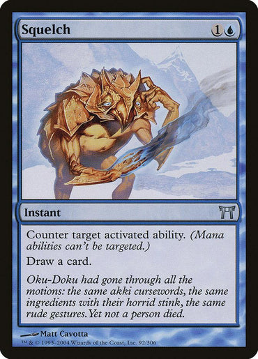 The Magic: The Gathering card "Squelch" from the *Champions of Kamigawa* set is an uncommon Instant with a blue border, requiring 1 colorless and 1 blue mana to cast. Its effect states, "Counter target activated ability. Draw a card." The artwork features a spiky, armored creature in a defensive stance, accompanied by flavor text that cites "Oku-Doku.