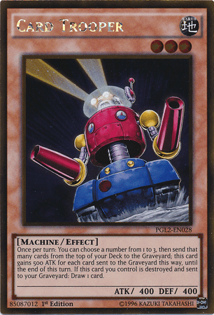 A "Card Trooper [PGL2-EN028] Gold Rare" Yu-Gi-Oh! trading card. The card showcases a red and blue robot with a cylindrical body, extending arms, and a visor, standing on a reflective surface. This Gold Rare Machine/Effect Monster boasts 400 ATK and 400 DEF. The card's text and intricate details from the Premium Gold: Return of the Bling series are clearly visible.