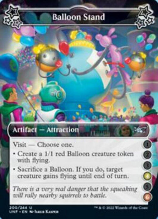 A Magic: The Gathering card titled "Balloon Stand (4-6) [Unfinity]." It features a whimsical scene with robots and aliens surrounded by colorful balloons. Part of the Unfinity set, this Artifact — Attraction card has two abilities related to creating and sacrificing a Balloon creature token.