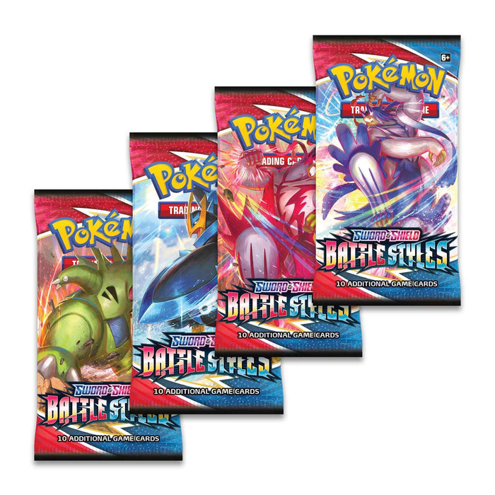 Image of four Pokémon Sword & Shield: Battle Styles - Booster Packs, arranged in a staggered row. Each Booster Pack features vibrant artwork with different Pokémon: Tyranitar, Empoleon, Urshifu Single Strike, and Urshifu Rapid Strike. Discover the potential for pulling a powerful Pokémon V inside!