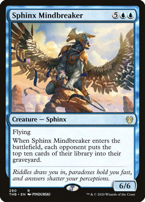 A Magic: The Gathering card from Theros Beyond Death titled "Sphinx Mindbreaker [Theros Beyond Death]." It depicts a winged Sphinx with an armored head, standing on a rocky ledge against a cloudy sky. The blue-bordered card costs 5 colorless and 2 blue mana to cast, has 6 power and 6 toughness, and mills ten cards as one of its effects.