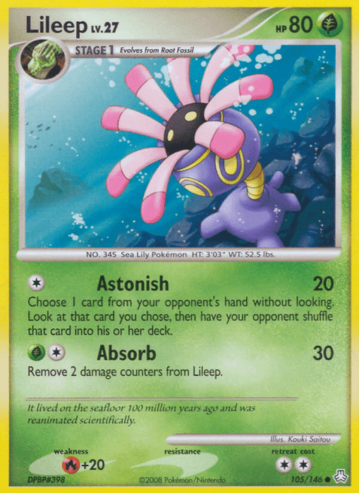 A common Pokémon trading card from the Diamond & Pearl: Legends Awakened series featuring Lileep, a dual-type Rock/Grass Fossil Pokémon. Lileep is depicted with its pink tentacles spread out and a yellow face with black eyes in the center. The card provides stats, abilities like Astonish and Absorb, and specifies it evolves from Root Fossil. It has 80.

Product Name: Lileep (105/146) [Diamond & Pearl: Legends Awakened]
Brand Name: Pokémon
