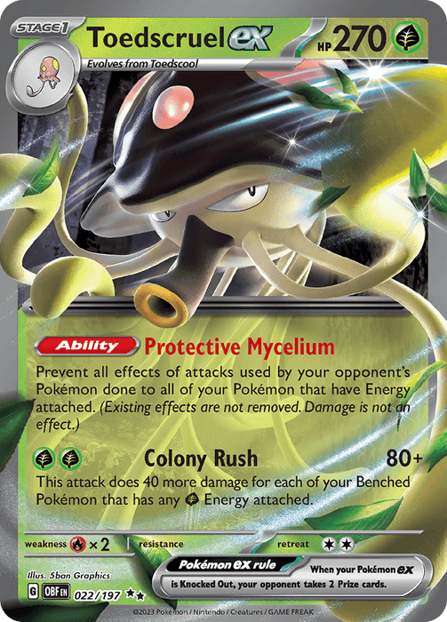 A Pokémon card depicting Toedscruel ex (022/197) from the Scarlet & Violet: Obsidian Flames series. The card has a green, jungle-themed background with Toedscruel ex shown in the center. The Pokémon has large, yellow eyes and dark tentacles. The Double Rare card details include "HP 270," "Stage 1," "Protective Mycelium" ability, and "Colony Rush" attack.