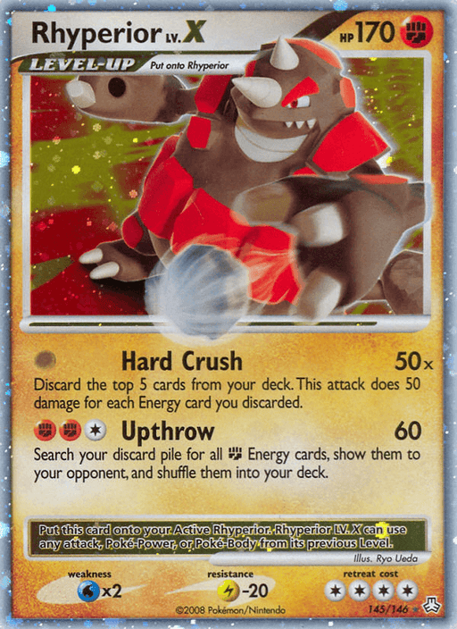 This Holo Rare Pokémon card from the Diamond & Pearl: Legends Awakened series features Rhyperior LV.X (145/146) [Diamond & Pearl: Legends Awakened] with 170 HP. The card is adorned with holographic foil, showcasing Rhyperior in an aggressive stance. It has two attacks: "Hard Crush," which discards the top 5 cards of your deck, and "Upthrow," involving energy cards. Weakness: