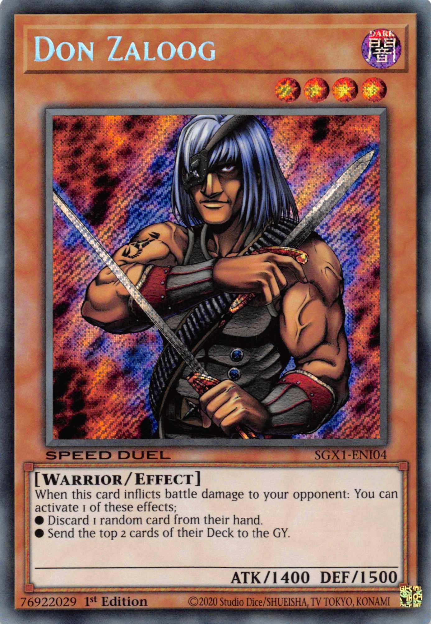 Image of a Yu-Gi-Oh! trading card featuring Don Zaloog [SGX1-ENI04] Secret Rare from Speed Duel GX. Don Zaloog is depicted as a warrior with gray hair, holding two swords and wearing a black outfit. The card is labeled 