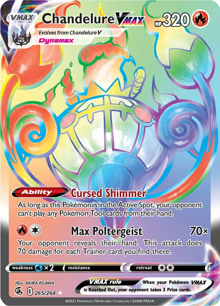 A Secret Rare Chandelure VMAX Pokémon trading card from the Sword & Shield: Fusion Strike series. This fiery, flame-like Pokémon at a VMAX level of 320 includes abilities 