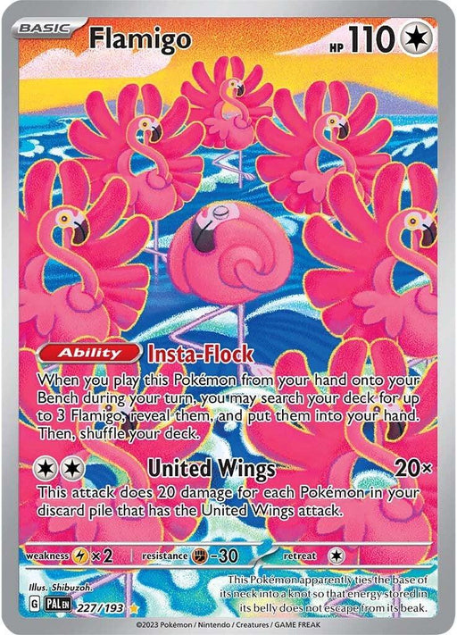 A Pokémon card features Flamigo, a pink flamingo-like creature, surrounded by eight other Flamigos. The Illustration Rare card from Paldea Evolved showcases abilities like "Insta-Flock" and "United Wings." The serene ocean and sunset background enhance its 110 HP details, attack power, and specific instructions. The product is Flamigo (227/193) [Scarlet & Violet: Paldea Evolved] by Pokémon.