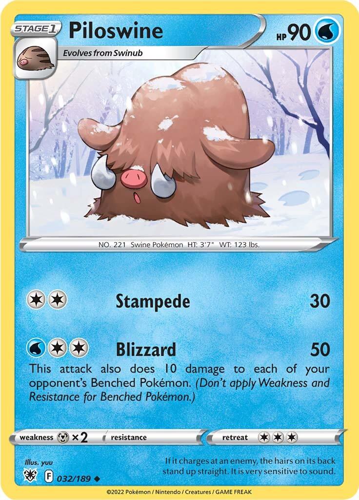 The Pokémon card, Piloswine (032/189), from the Sword & Shield: Astral Radiance series showcases a woolly creature with tusks against a snowy backdrop. The card features Piloswine with 90 HP and abilities such as 