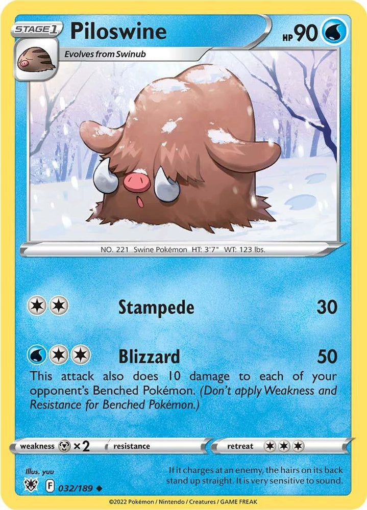 The Pokémon card, Piloswine (032/189), from the Sword & Shield: Astral Radiance series showcases a woolly creature with tusks against a snowy backdrop. The card features Piloswine with 90 HP and abilities such as "Stampede" delivering 30 attack points and "Blizzard" at 50 attack points, complete with various symbols and stats.