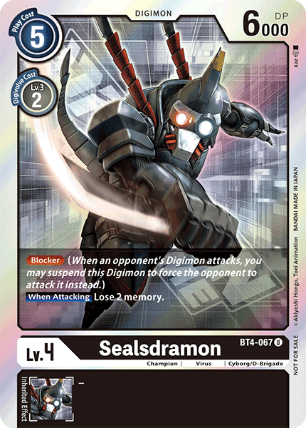 This Digimon card, Sealsdramon [BT4-067] (Event Pack) from the Great Legend Promos, features a Level 4 Digimon with 6,000 DP and a play cost of 5. The Digivolve cost is 2 from Level 3 and it includes abilities such as "Blocker" and "When Attacking: Lose 2 memory." Sealsdramon's cyborg appearance showcases a metallic body.