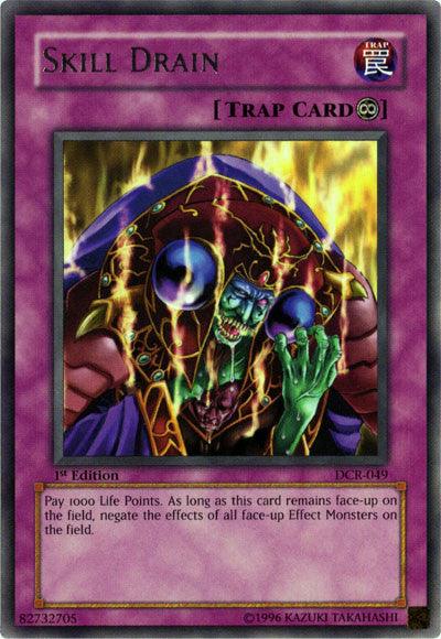 A Yu-Gi-Oh! trading card titled "Skill Drain [DCR-049] Rare" from Dark Crisis. The Continuous Trap card has a purple border and features artwork of a sinister, green-skinned figure in a red hood, surrounded by electrifying energy. Text reads: "Pay 1000 Life Points. As long as this card remains face-up on the field, negate the effects of all face-up Effect Monsters
