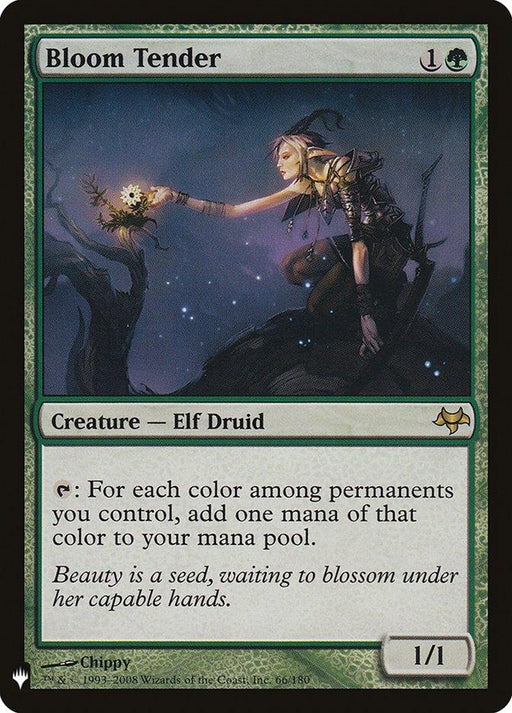 A Magic: The Gathering card titled "Bloom Tender [Mystery Booster]," featuring a 1/1 Elf Druid creature. Costing 1 and a green mana, it depicts a white-haired elf nurturing a glowing flower. The text details adding mana for each color among permanents controlled. Card #66/180 is part of the Magic: The Gathering series.