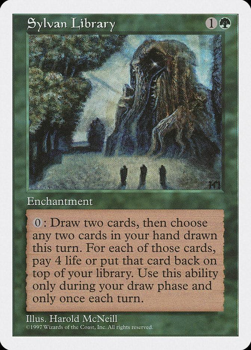 A Magic: The Gathering card titled "Sylvan Library [Fifth Edition]" from the Magic: The Gathering brand. It costs one generic and one green mana to cast. The card’s image depicts an enchanting library formed from ancient, twisted trees with three figures examining it. This rare enchantment effect allows drawing cards but with an optional life penalty.