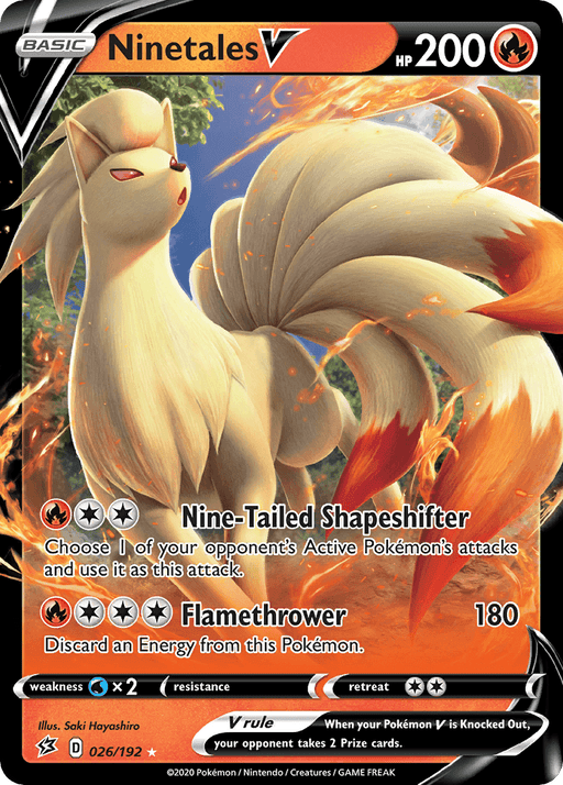 A Ninetales V (026/192) [Sword & Shield: Rebel Clash] Pokémon card from the Sword & Shield series with 200 HP. Ninetales, a majestic Fire Type with nine flowing tails and a fiery mane, stands on rocky terrain engulfed in flames. The card's moves are Nine-Tailed Shapeshifter and Flamethrower, and it has a weakness to water. Illustrated by Saki Hayashiro.