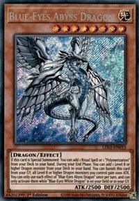 The Yu-Gi-Oh! card "Blue-Eyes Abyss Dragon [LDS2-EN015] Secret Rare" from Legendary Duelists: Season 2 showcases a striking metallic dragon with blue and silver hues, wings outstretched. This Effect Monster boasts ATK 2500 and DEF 2500, accompanied by detailed effects in its description box. The card border is brown.