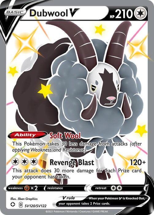 A Pokémon trading card from the Shining Fates set featuring Dubwool V with 210 HP. Dubwool is a black and white sheep with large curved horns. Its ability "Soft Wool" reduces 30 damage from attacks. "Revenge Blast" has 120+ attack power, with added damage based on prize cards taken. Ultra Rare, Weakness: Fighting. Illustrator: [Pokémon Dubwool V (SV120/SV122) [Sword & Shield: Shining Fates]].