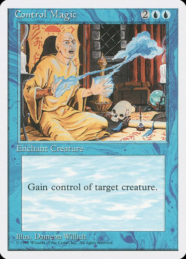 The "Control Magic [Fourth Edition]" trading card from Magic: The Gathering features an illustration of a bald, robed figure casting a mystical blue spell with energy lines emanating from their hands. An uncommon enchantment, it presents an image of a table adorned with a skull and red curtain. The card's ability allows you to "Gain control of target creature," and it requires an expenditure of 2UU to play.