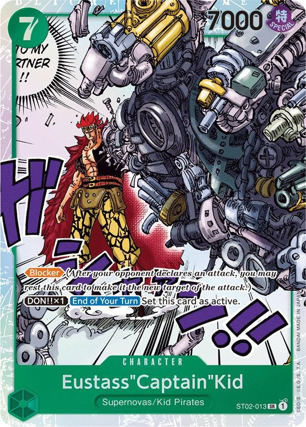 A super rare trading card featuring "Eustass 'Captain' Kid" from the One Piece series. Kid stands defiantly with robotic arms extended, surrounded by the text "DON!! x1" and "Blocker." The card has a green border with a cost of "7" in the top left and a power level of "7000" in the top right. This is the *Eustass 'Captain' Kid (013) [Starter Deck: Worst Generation]* from **Bandai**.