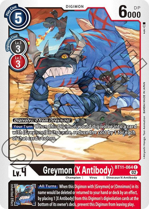 A Digimon trading card featuring a blue, dragon-like creature named Greymon (X Antibody) [BT11-064] [Dimensional Phase] with a gameplay cost of 5 at level 4. The card text and abilities are detailed, boasting various effects. The design highlights the creature's stats, evolution stages, and special rules for gameplay.