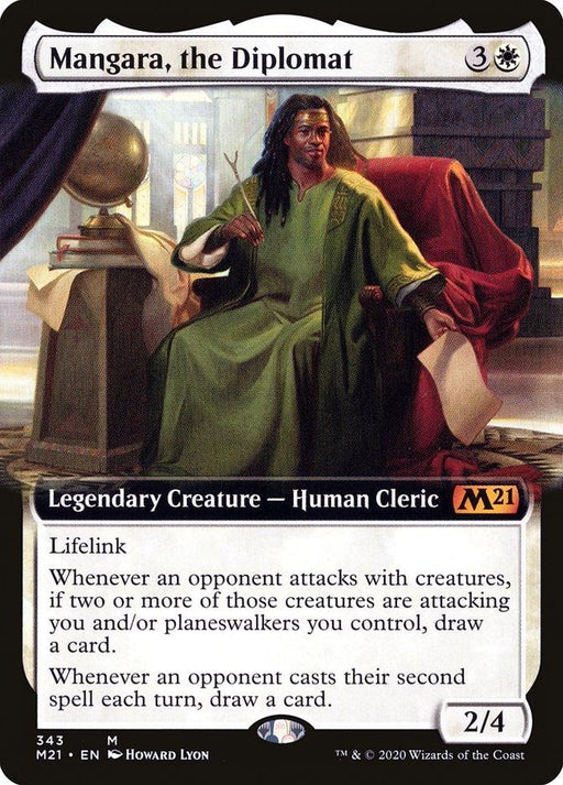 The image is a Magic: The Gathering card titled "Mangara, the Diplomat (Extended Art) [Core Set 2021]," a Legendary Creature. It depicts a bearded man in a green robe seated on a chair, holding a book and gesturing with his other hand. This Human Cleric has lifelink, reactive card draw abilities, and power/toughness of 2/4 with an elegant design.