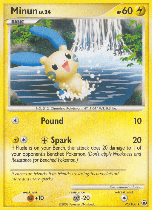 A Pokémon card from the Diamond & Pearl - Majestic Dawn series featuring Minun, a yellow and blue mouse-like creature. Minun is shown playfully splashing in a body of water with a waterfall in the background. With 60 HP, its attacks include Pound (10 damage) and Spark (20 damage). The card has a weakness to Fighting (+10) and a retreat cost of 1.

Product Name: Minun (25/100) [Diamond & Pearl: Majestic Dawn]

Brand Name: Pokémon