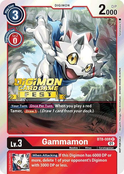 A digital card from the Digimon Card Game featuring Gammamon [BT8-008] (Digimon Card Game Fest 2022) [New Awakening Promos]. Part of the New Awakening set, this promo card has a level of 3, a play cost of 3, a 2000 DP, and an evo cost of 0. The central image depicts Gammamon in an action pose. The card text includes various game mechanics and descriptions of Gammamon's effect.