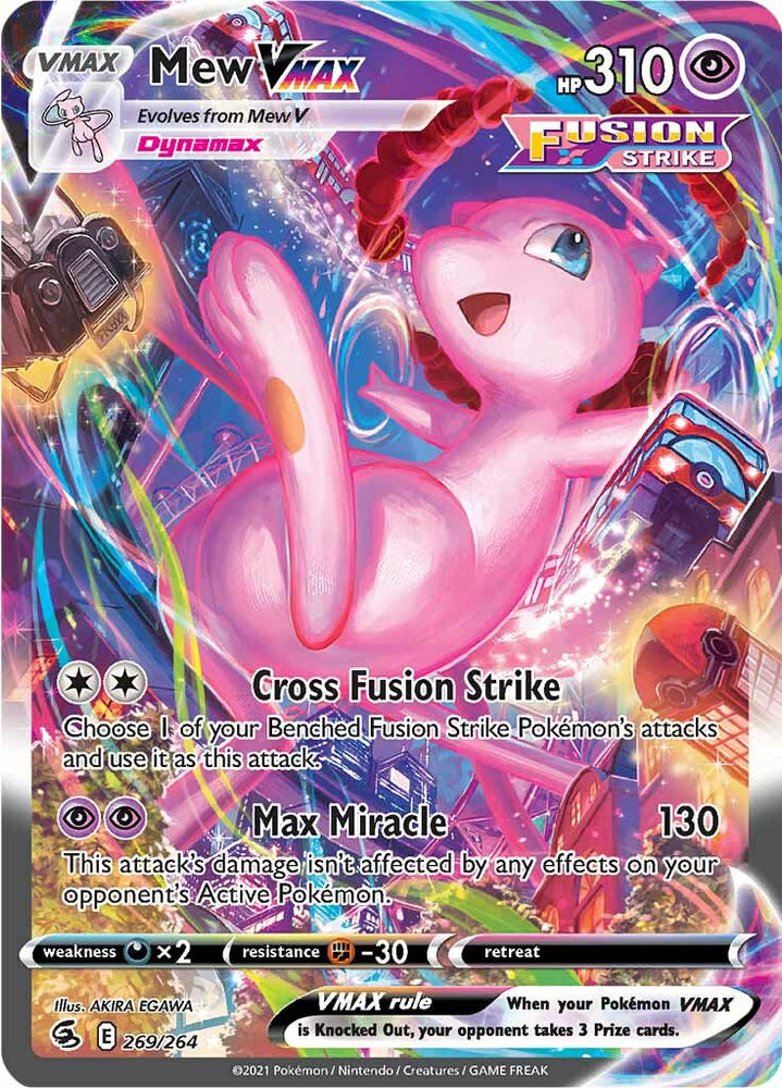 A Secret Rare Pokémon Trading Card, the Mew VMAX (269/264) from the Sword & Shield: Fusion Strike series, boasts a vibrant holographic design. Featuring Mew, a pink, floating Psychic-type Pokémon surrounded by dynamic colors and elements, this card has an impressive 310 HP. It includes powerful attacks such as Cross Fusion Strike and Max Miracle, with abilities detailed around the Fusion Strike mechanic.