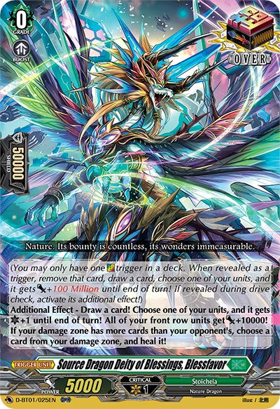 The Source Dragon Deity of Blessings, Blessfavor (D-BT01/025EN) from Bushiroad's Genesis of the Five Greats set is a fantasy-themed trading card. It depicts an armored dragon with colorful, radiant wings and glowing energy. The card text details its effects, critical power level, and attributes. As an Over Double Rare card, it boasts shiny foil decorations and vibrant artwork.