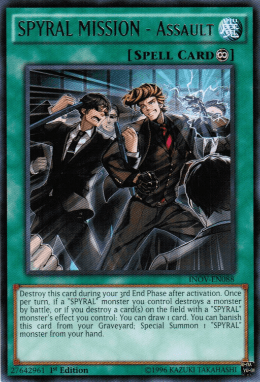 Image of a Yu-Gi-Oh! card named "Spyral Mission - Assault [INOV-EN088] Rare". It's a Continuous Spell card with an illustration of two men in suits, one with a gun and the other punching. The text details abilities triggered by destroying cards or controlling a SPYRAL monster. Card code: INOV-EN088 from Invasion: Vengeance set.